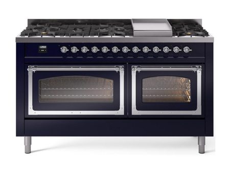 Ilve UN60FNMPMBCLP Ilve Un60Fnmpmbclp Nostalgie Ii Noblesse 60  Dual Fuel Range (9 Sealed Burners + Griddle, Liquid Propane, Triple Glass Door, Midnight Blue, Chrome) Online