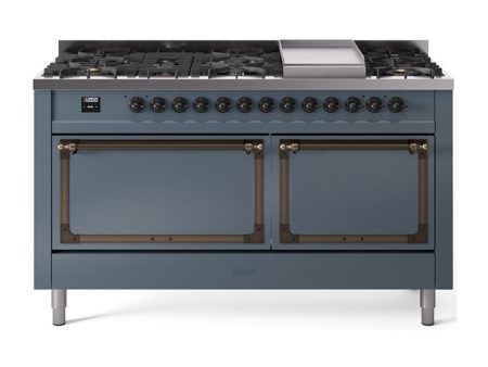 Ilve UN60FQNMPBGB Ilve Un60Fqnmpbgb Nostalgie Ii Noblesse 60  Dual Fuel Range (9 Sealed Burners + Griddle, Natural Gas, Solid Door, Blue Grey, Burnished) on Sale