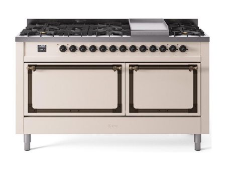 Ilve UN60FQNMPAWBLP Ilve Un60Fqnmpawblp Nostalgie Ii Noblesse 60  Dual Fuel Range (9 Sealed Burners + Griddle, Liquid Propane, Solid Door, Antique White, Burnished) Online