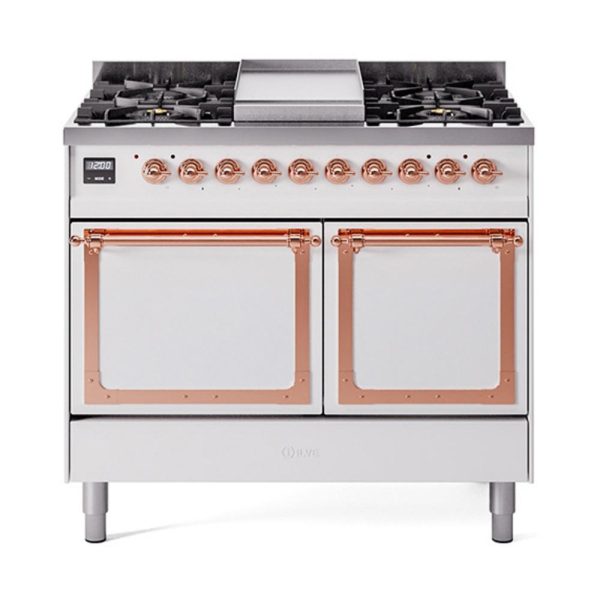 Ilve UND40FQNMPWHP Ilve Und40Fqnmpwhp Nostalgie Ii Noblesse 40  Dual Fuel Range (Natural Gas, Solid Door, White, Copper) on Sale