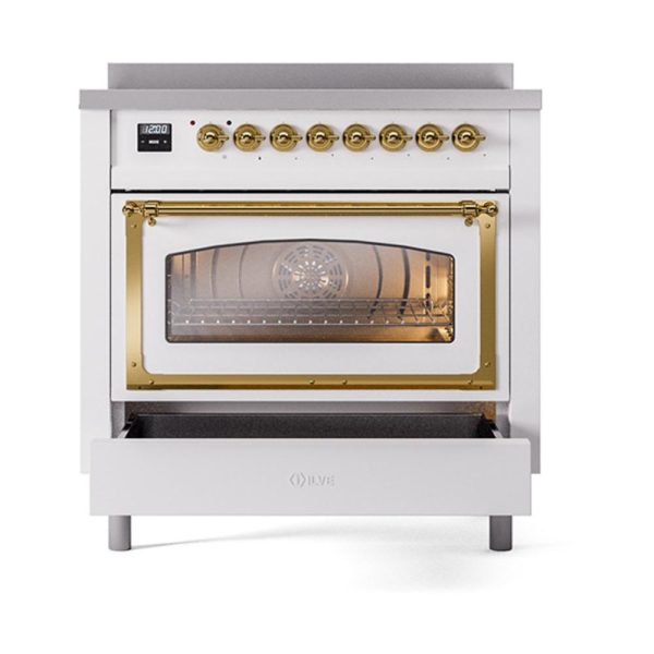 Ilve UNI366NMPWHG Ilve Uni366Nmpwhg Nostalgie Ii Noblesse 36  Induction Range (Triple Glass Door, White, Brass) on Sale