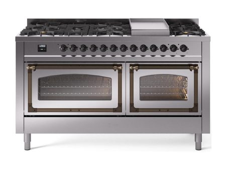 Ilve UN60FNMPSSB Ilve Un60Fnmpssb Nostalgie Ii Noblesse 60  Dual Fuel Range (9 Sealed Burners + Griddle, Natural Gas, Triple Glass Door, Stainless Steel, Burnished) Sale